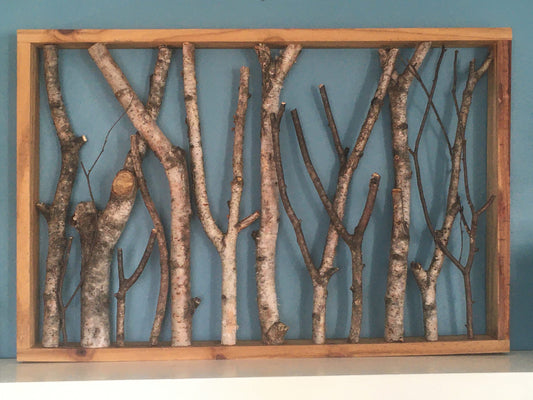 Rustic Foraged Birch Branches 3D Art with Reclaimed Pine Frame - "Winter in the Woods" - Large Format 24x36