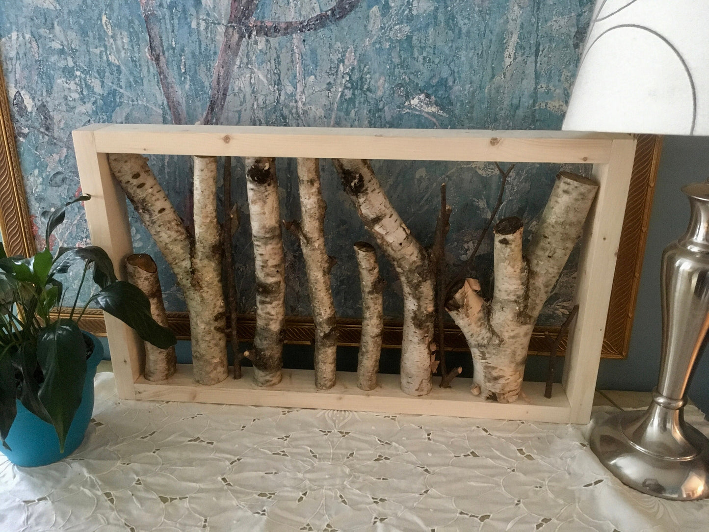 Rustic Foraged Birch Branches 3D Art with Reclaimed Pine Frame - "The Forest" - Large Format 15x26